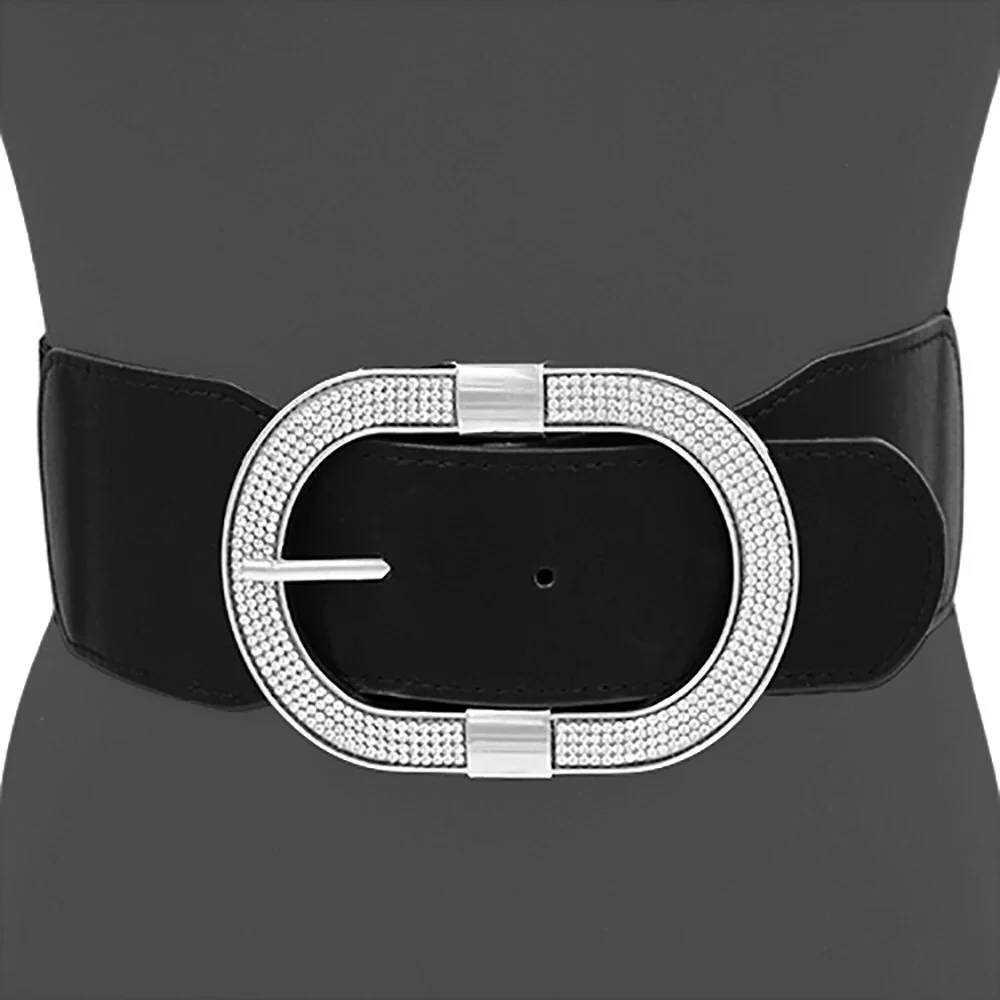 Paved Rhinestone Open Oval Buckle Accented Elastic Statement Belt